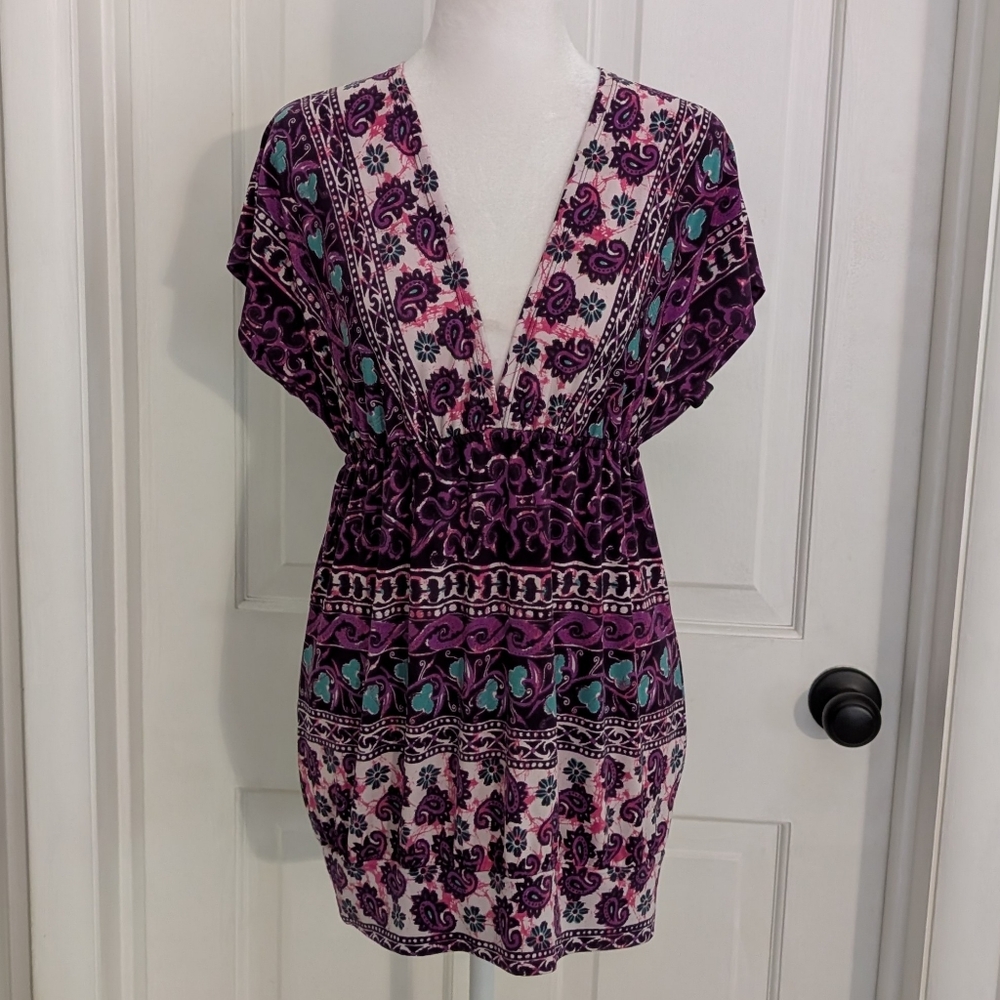 Vintage FANG Womens Y2K Tunic Top MEDIUM Fairy Boho Hippie Deep Plunge Tieā Back